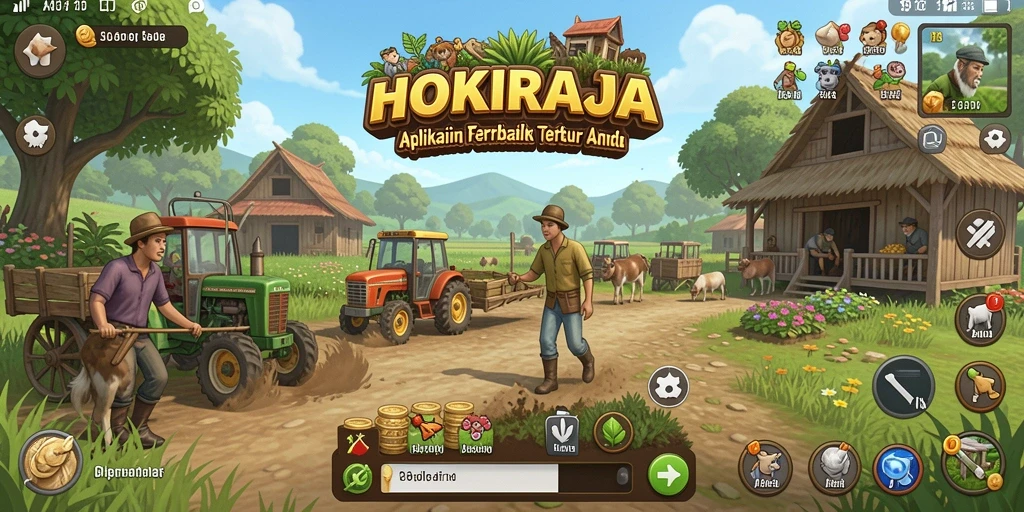 Tampilan gameplay HOKIRAJA yang memukau dengan aktivitas bertani.