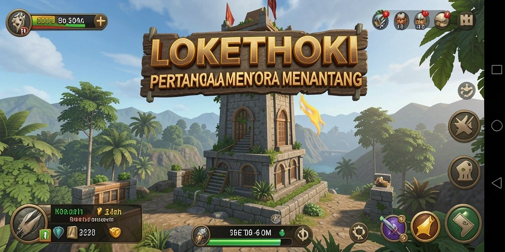 Tampilan gameplay seru dari LOKETHOKI dengan menara yang siap tempur.