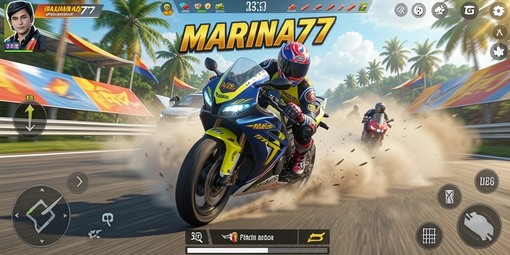 Menampilkan gameplay seru balapan motor di MARINA77.