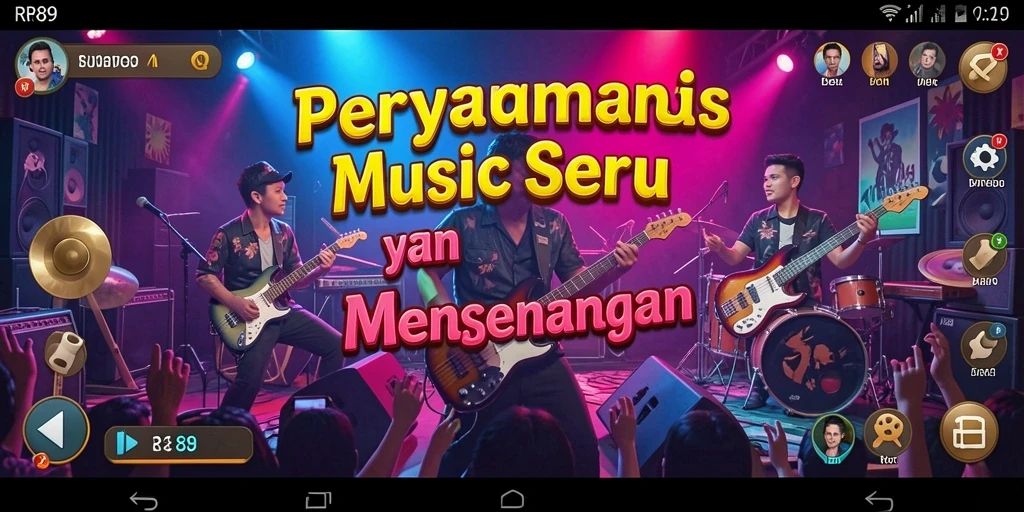 Gameplay RR89 dengan alat musik dan lagu-lagu berenergi tinggi.